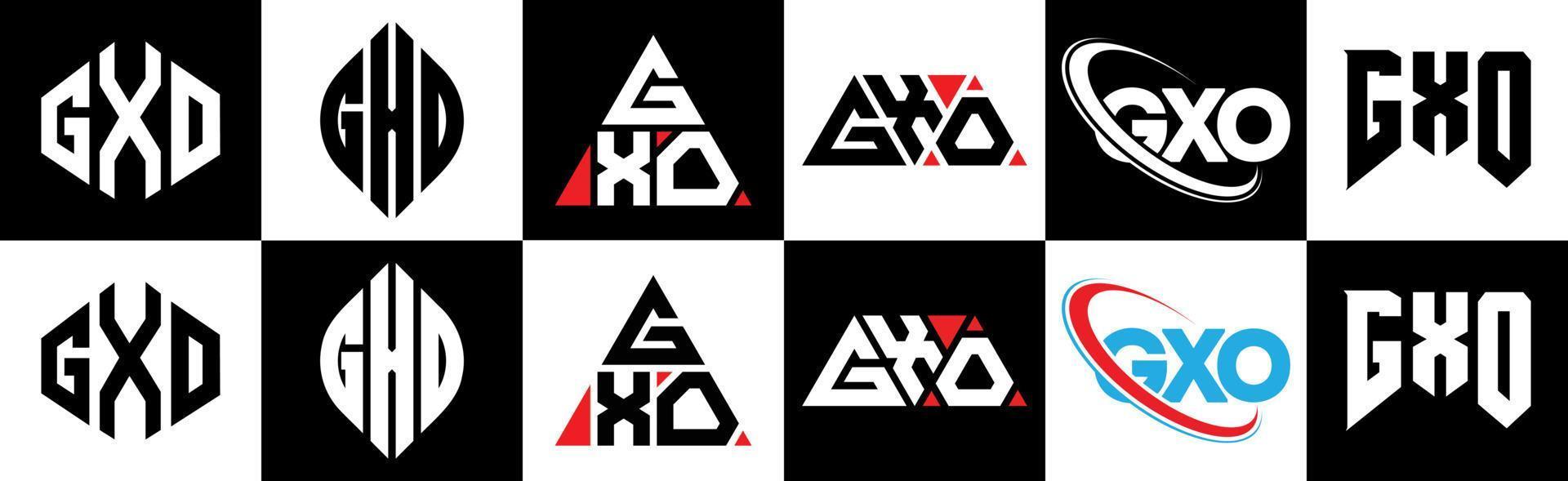 gxo brief logo ontwerp in zes stijl. gxo veelhoek, cirkel, driehoek, zeshoek, vlak en gemakkelijk stijl met zwart en wit kleur variatie brief logo reeks in een tekengebied. gxo minimalistische en klassiek logo vector