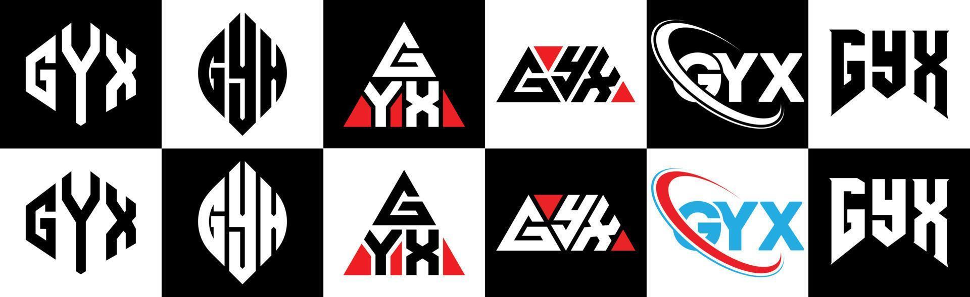 gyx brief logo ontwerp in zes stijl. gyx veelhoek, cirkel, driehoek, zeshoek, vlak en gemakkelijk stijl met zwart en wit kleur variatie brief logo reeks in een tekengebied. gyx minimalistische en klassiek logo vector