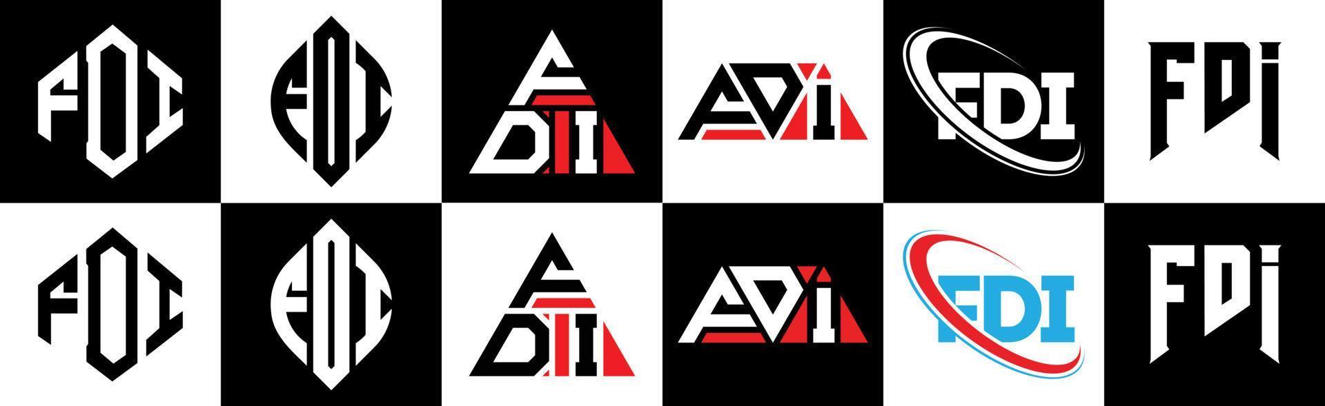 fdi brief logo ontwerp in zes stijl. fdi veelhoek, cirkel, driehoek, zeshoek, vlak en gemakkelijk stijl met zwart en wit kleur variatie brief logo reeks in een tekengebied. fdi minimalistische en klassiek logo vector