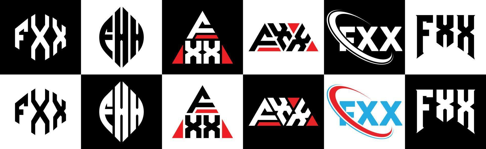 fxx brief logo ontwerp in zes stijl. fxx veelhoek, cirkel, driehoek, zeshoek, vlak en gemakkelijk stijl met zwart en wit kleur variatie brief logo reeks in een tekengebied. fxx minimalistische en klassiek logo vector