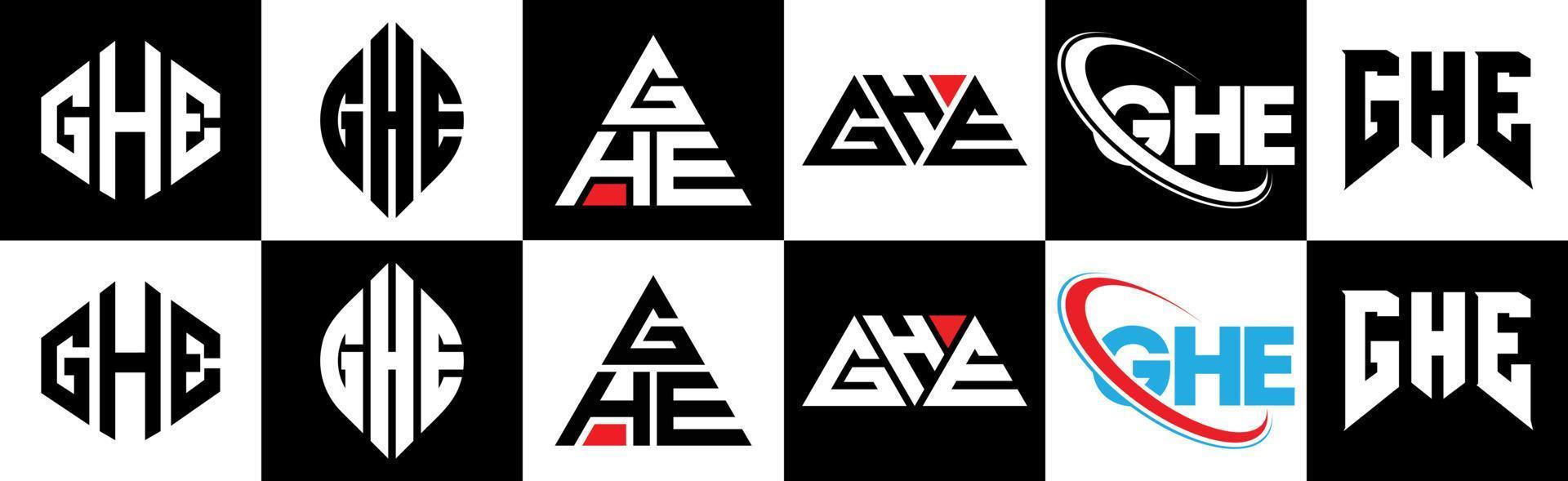 ghe brief logo ontwerp in zes stijl. ghe veelhoek, cirkel, driehoek, zeshoek, vlak en gemakkelijk stijl met zwart en wit kleur variatie brief logo reeks in een tekengebied. ghe minimalistische en klassiek logo vector