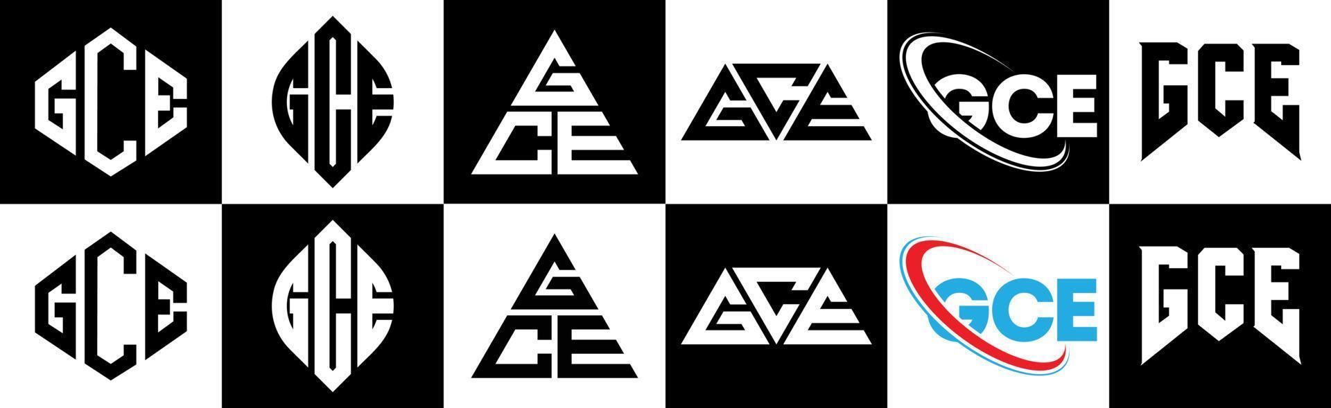 gce brief logo ontwerp in zes stijl. gce veelhoek, cirkel, driehoek, zeshoek, vlak en gemakkelijk stijl met zwart en wit kleur variatie brief logo reeks in een tekengebied. gce minimalistische en klassiek logo vector