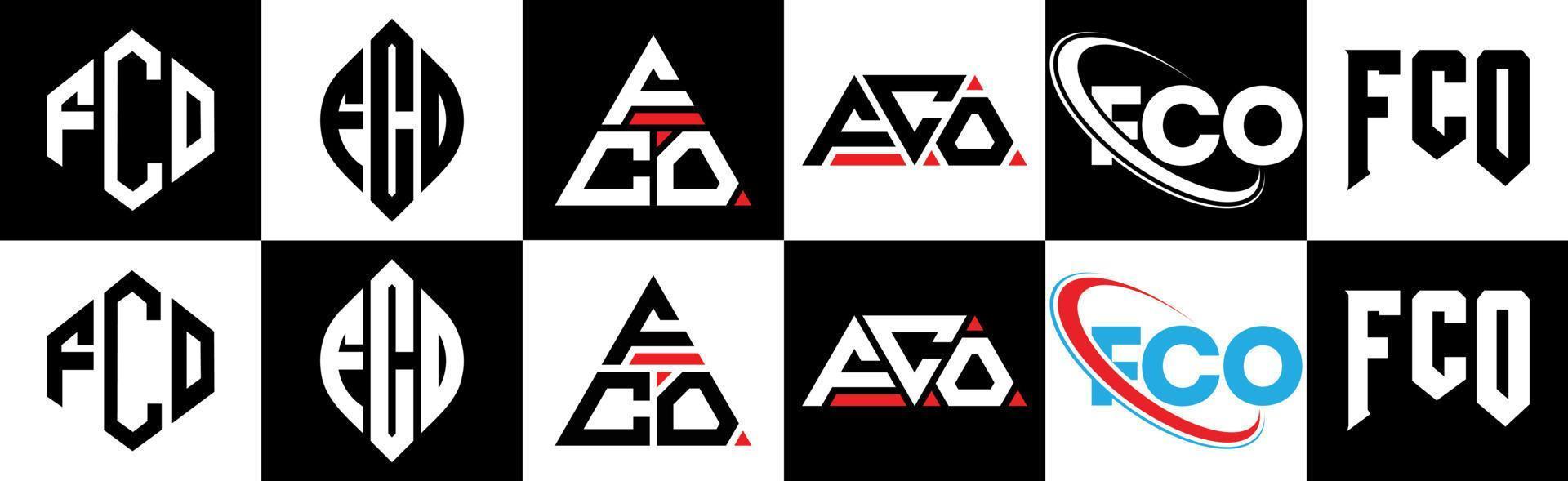 fco brief logo ontwerp in zes stijl. fco veelhoek, cirkel, driehoek, zeshoek, vlak en gemakkelijk stijl met zwart en wit kleur variatie brief logo reeks in een tekengebied. fco minimalistische en klassiek logo vector