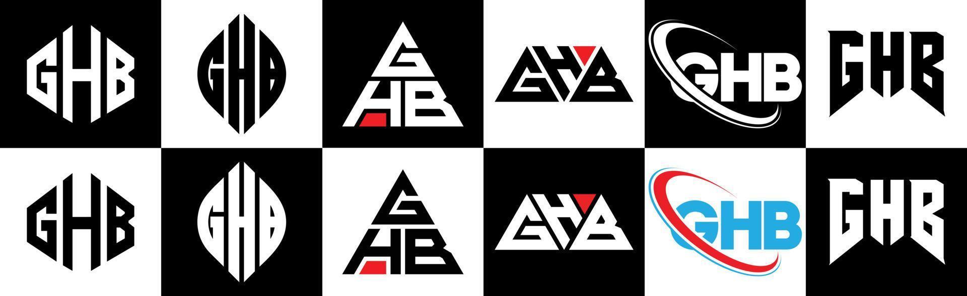 ghb brief logo ontwerp in zes stijl. ghb veelhoek, cirkel, driehoek, zeshoek, vlak en gemakkelijk stijl met zwart en wit kleur variatie brief logo reeks in een tekengebied. ghb minimalistische en klassiek logo vector