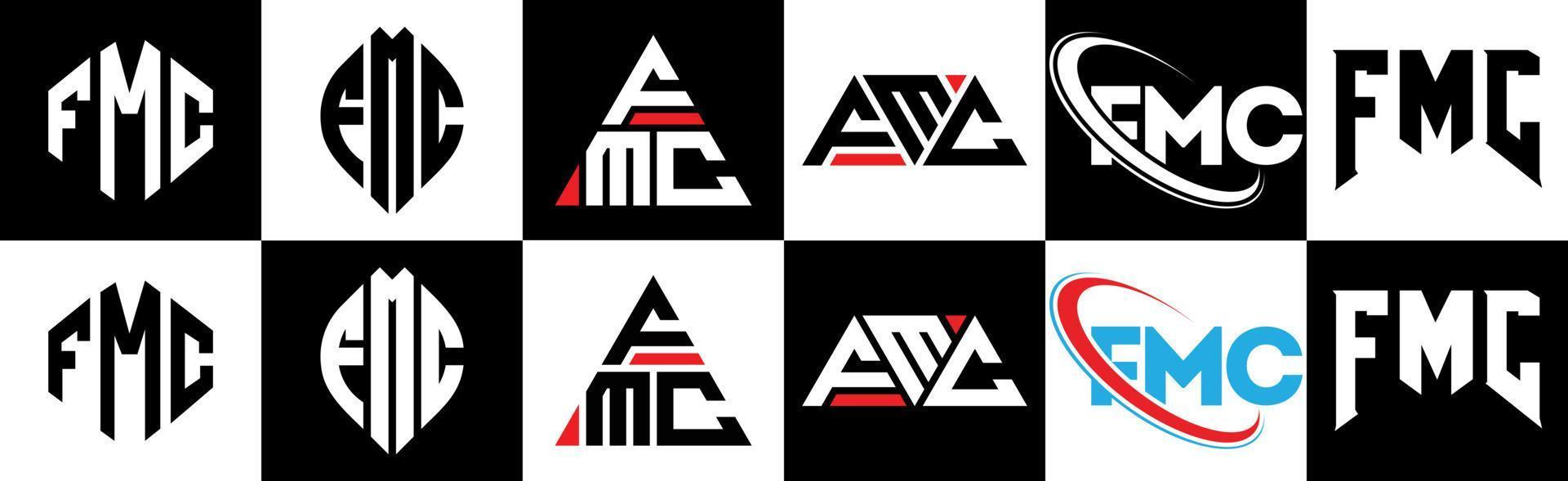 fmc brief logo ontwerp in zes stijl. fmc veelhoek, cirkel, driehoek, zeshoek, vlak en gemakkelijk stijl met zwart en wit kleur variatie brief logo reeks in een tekengebied. fmc minimalistische en klassiek logo vector