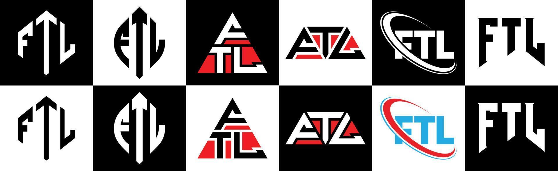 ftl brief logo ontwerp in zes stijl. ftl veelhoek, cirkel, driehoek, zeshoek, vlak en gemakkelijk stijl met zwart en wit kleur variatie brief logo reeks in een tekengebied. ftl minimalistische en klassiek logo vector