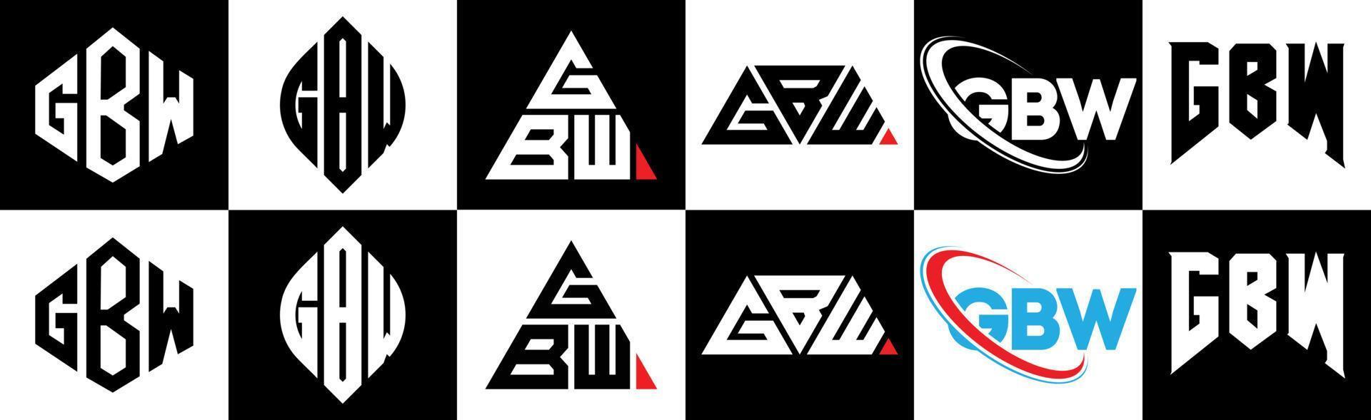 gbw brief logo ontwerp in zes stijl. gbw veelhoek, cirkel, driehoek, zeshoek, vlak en gemakkelijk stijl met zwart en wit kleur variatie brief logo reeks in een tekengebied. gbw minimalistische en klassiek logo vector