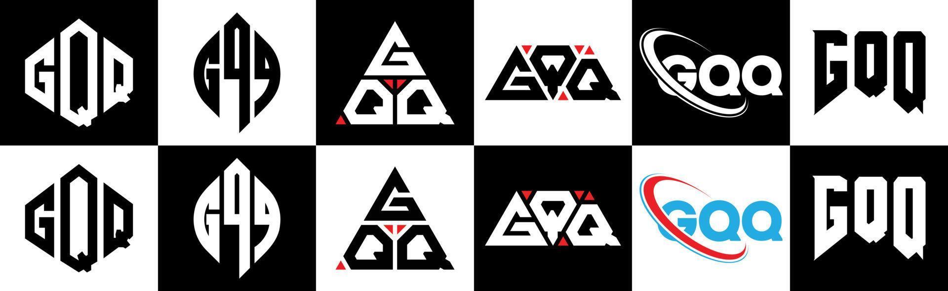 gqq brief logo ontwerp in zes stijl. gqq veelhoek, cirkel, driehoek, zeshoek, vlak en gemakkelijk stijl met zwart en wit kleur variatie brief logo reeks in een tekengebied. gqq minimalistische en klassiek logo vector