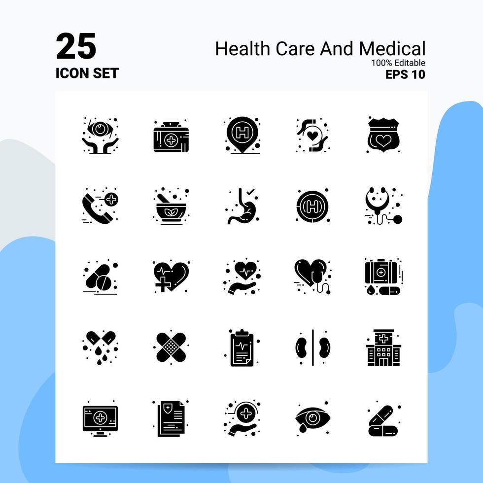 25 Gezondheid zorg en medisch icoon reeks 100 bewerkbare eps 10 bestanden bedrijf logo concept ideeën solide glyph icoon ontwerp vector