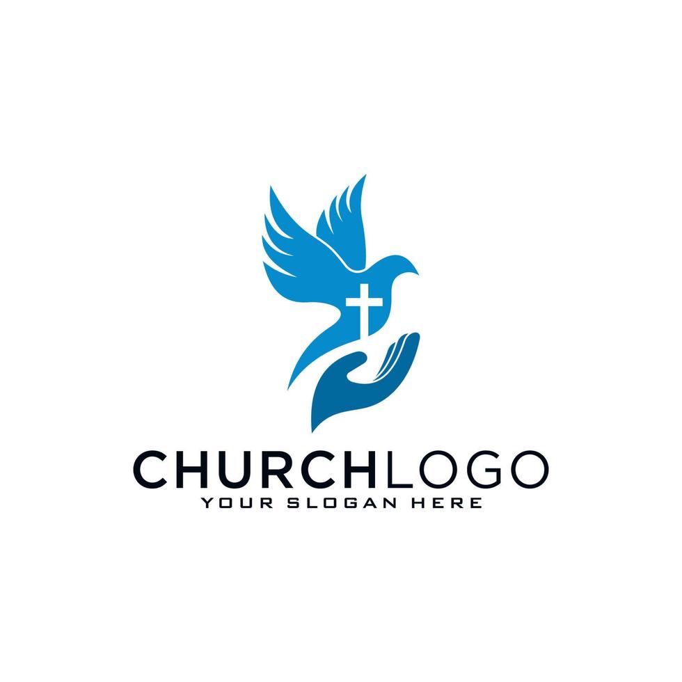 kerk logo. christelijke symbolen. het kruis van Jezus, het vuur van de heilige geest en de duif. vector