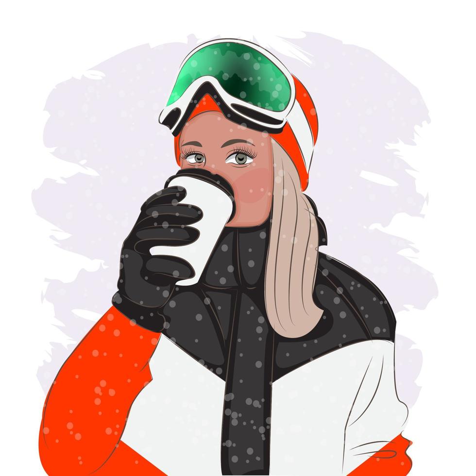 modieus vrouw in ski stofbril Bij een ski toevlucht, mode, vector illustratie