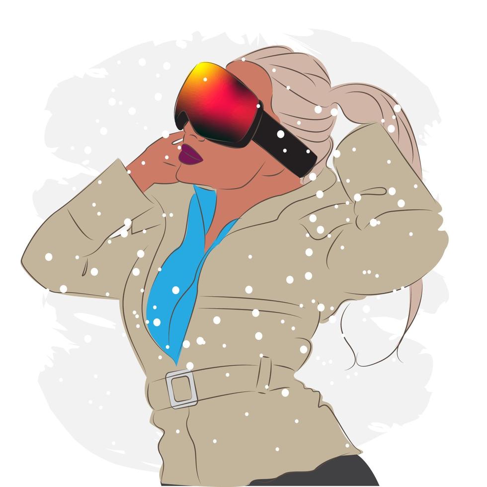 modieus vrouw in ski stofbril Bij een ski toevlucht, mode, vector illustratie