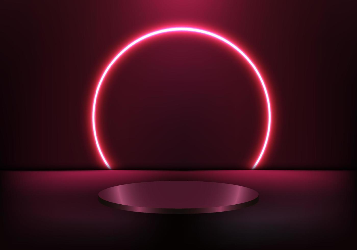 3d realistisch podium voetstuk met gloed spotlight en blanco Scherm rood neon licht cirkel backdrop Aan donker achtergrond vector