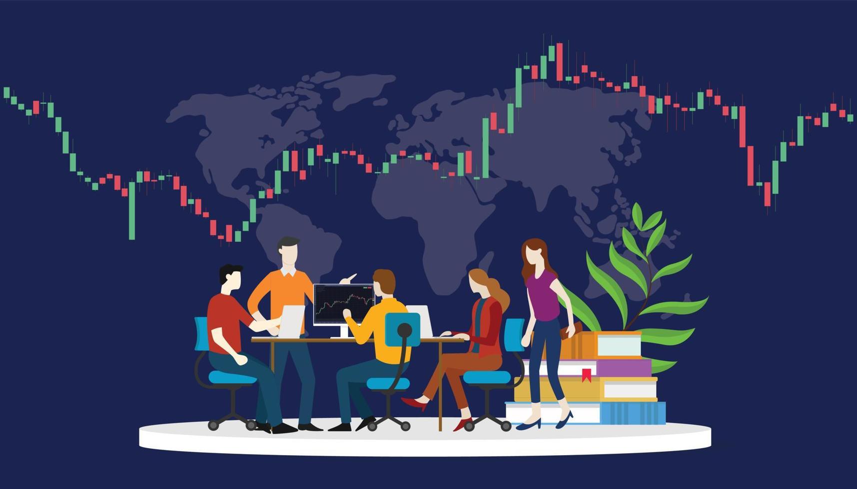 aan het leren handel voorraad markt en technisch analyse met team mensen met modern vlak stijl vector