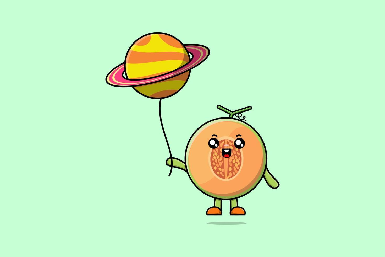 schattig tekenfilm meloen drijvend met planeet ballon vector