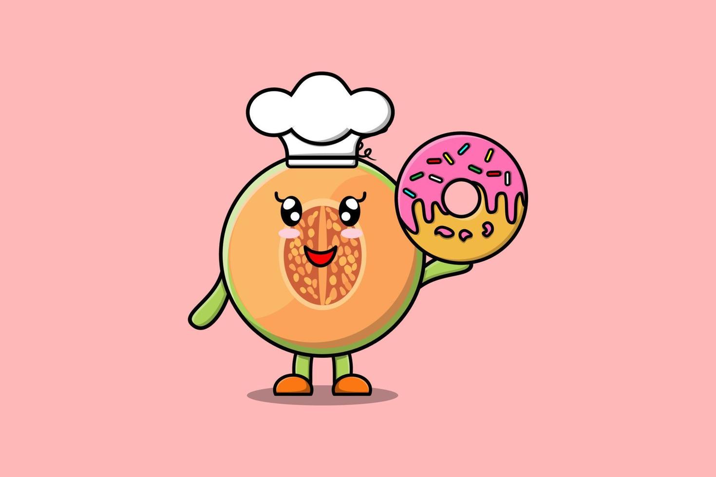 schattig tekenfilm meloen chef karakter donuts vector