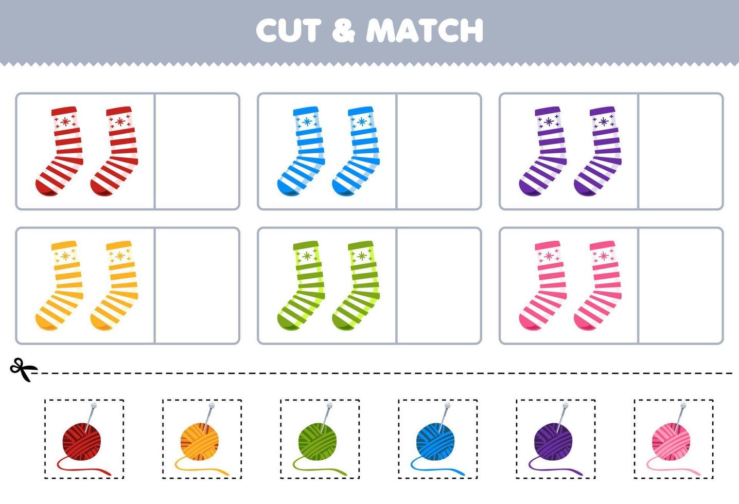 onderwijs spel voor kinderen besnoeiing en bij elkaar passen de dezelfde kleur van schattig tekenfilm sok afdrukbare winter kleren werkblad vector