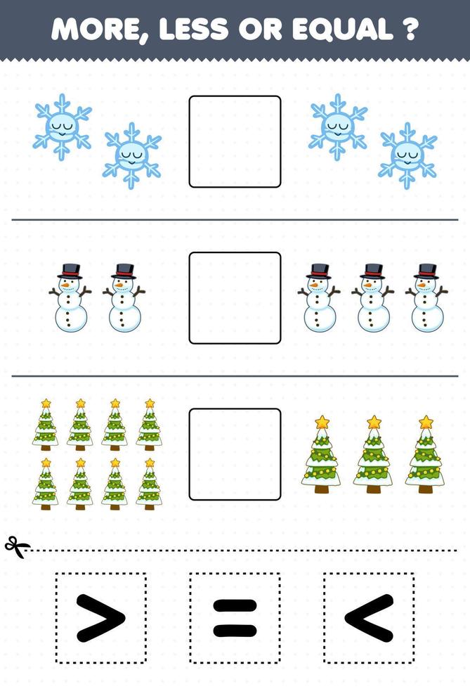 onderwijs spel voor kinderen tellen meer minder of Gelijk van tekenfilm sneeuwvlok sneeuwman en Kerstmis boom vervolgens besnoeiing en lijm de correct teken winter werkblad vector