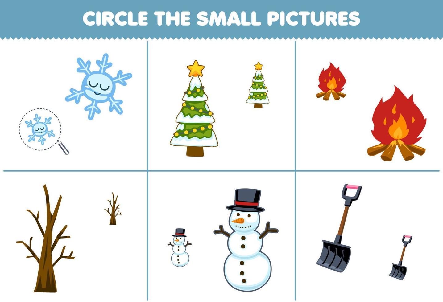 onderwijs spel voor kinderen cirkel de klein afbeelding van schattig tekenfilm sneeuwvlok Kerstmis boom vreugdevuur Afdeling sneeuwman Schep afdrukbare winter werkblad vector