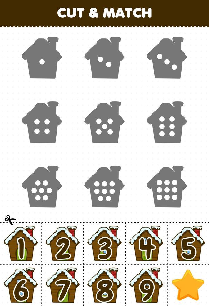 leerzaam spel voor kinderen tellen de dots Aan elk silhouet en bij elkaar passen hen met de correct genummerd besneeuwd huis afdrukbare winter werkblad vector