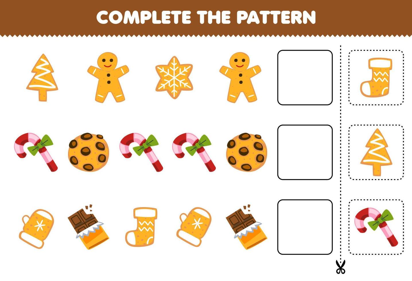 onderwijs spel voor kinderen besnoeiing en compleet de patroon van elk rij van een schattig tekenfilm peperkoek koekje snoep chocola werkblad vector