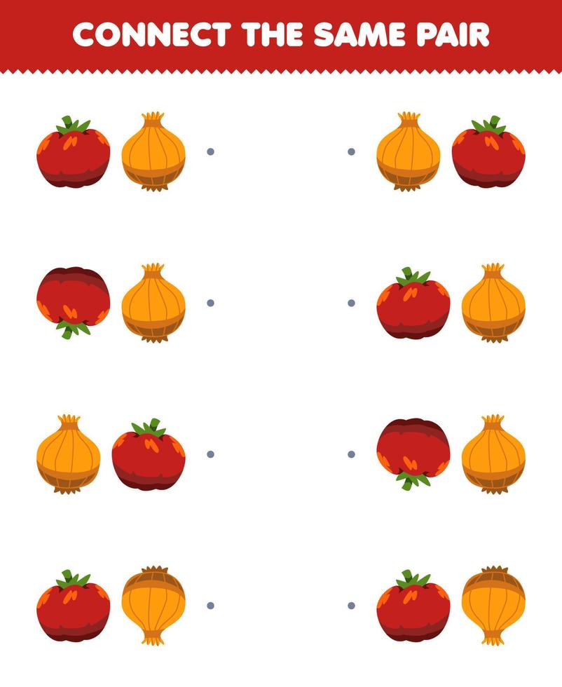 onderwijs spel voor kinderen aansluiten de dezelfde afbeelding van schattig tekenfilm tomaat en ui paar- afdrukbare groente werkblad vector