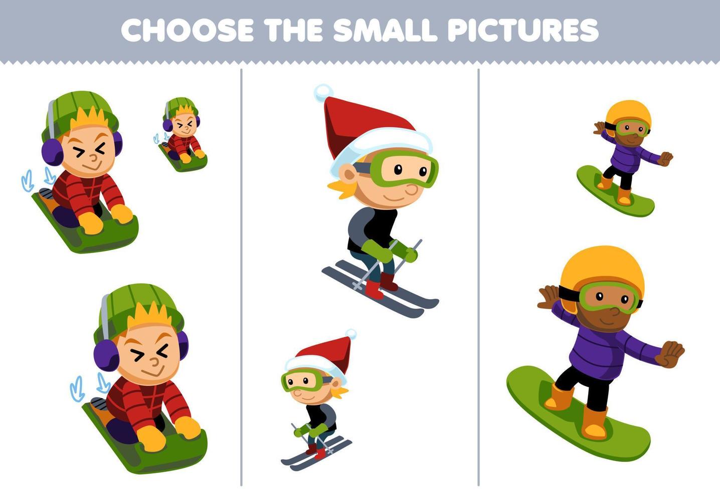 onderwijs spel voor kinderen Kiezen de klein afbeelding van schattig tekenfilm jongen spelen slee ski en snowboard afdrukbare winter werkblad vector