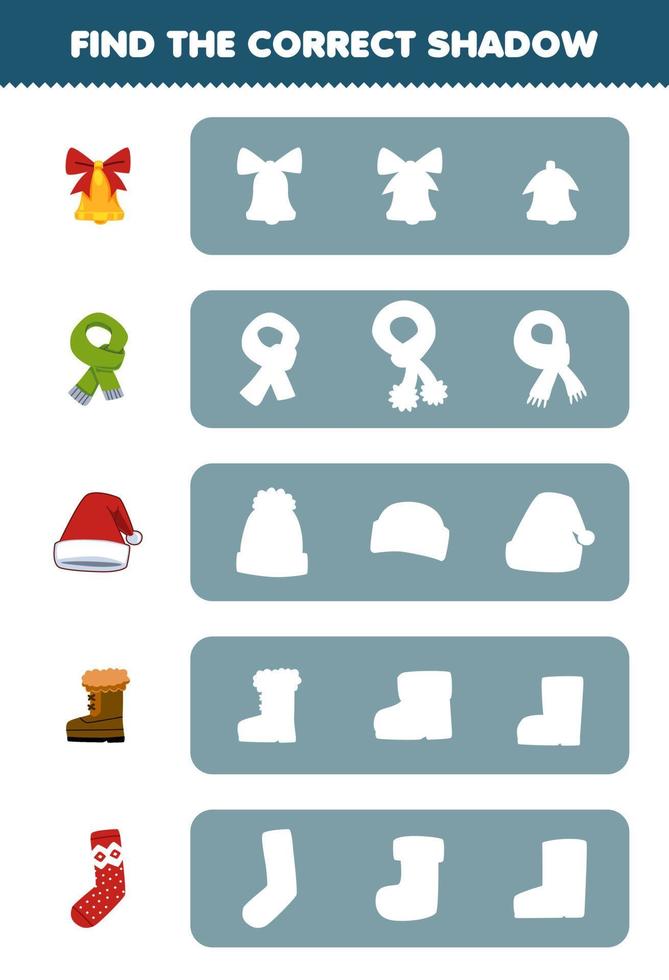 onderwijs spel voor kinderen vind de correct schaduw silhouet van schattig tekenfilm klok sjaal hoed bagageruimte sok afdrukbare winter werkblad vector