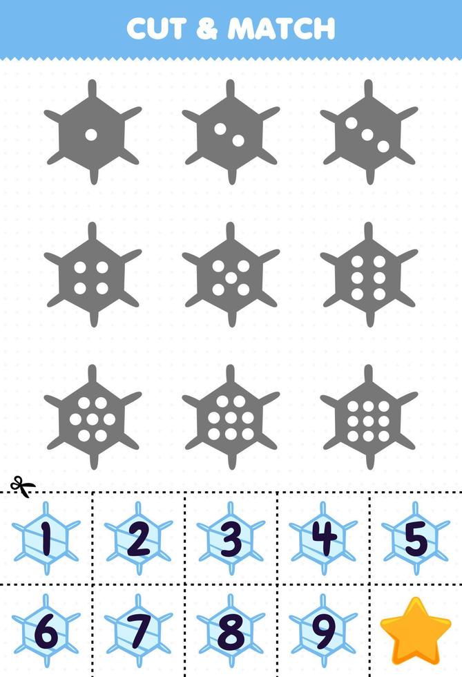 leerzaam spel voor kinderen tellen de dots Aan elk silhouet en bij elkaar passen hen met de correct genummerd sneeuwvlok afdrukbare winter werkblad vector