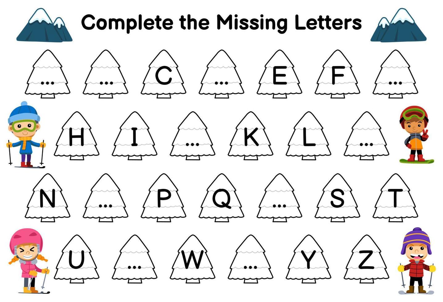 onderwijs spel voor compleet de missend brieven met schattig tekenfilm jongen en meisje spelen ski afbeelding afdrukbare winter werkblad vector