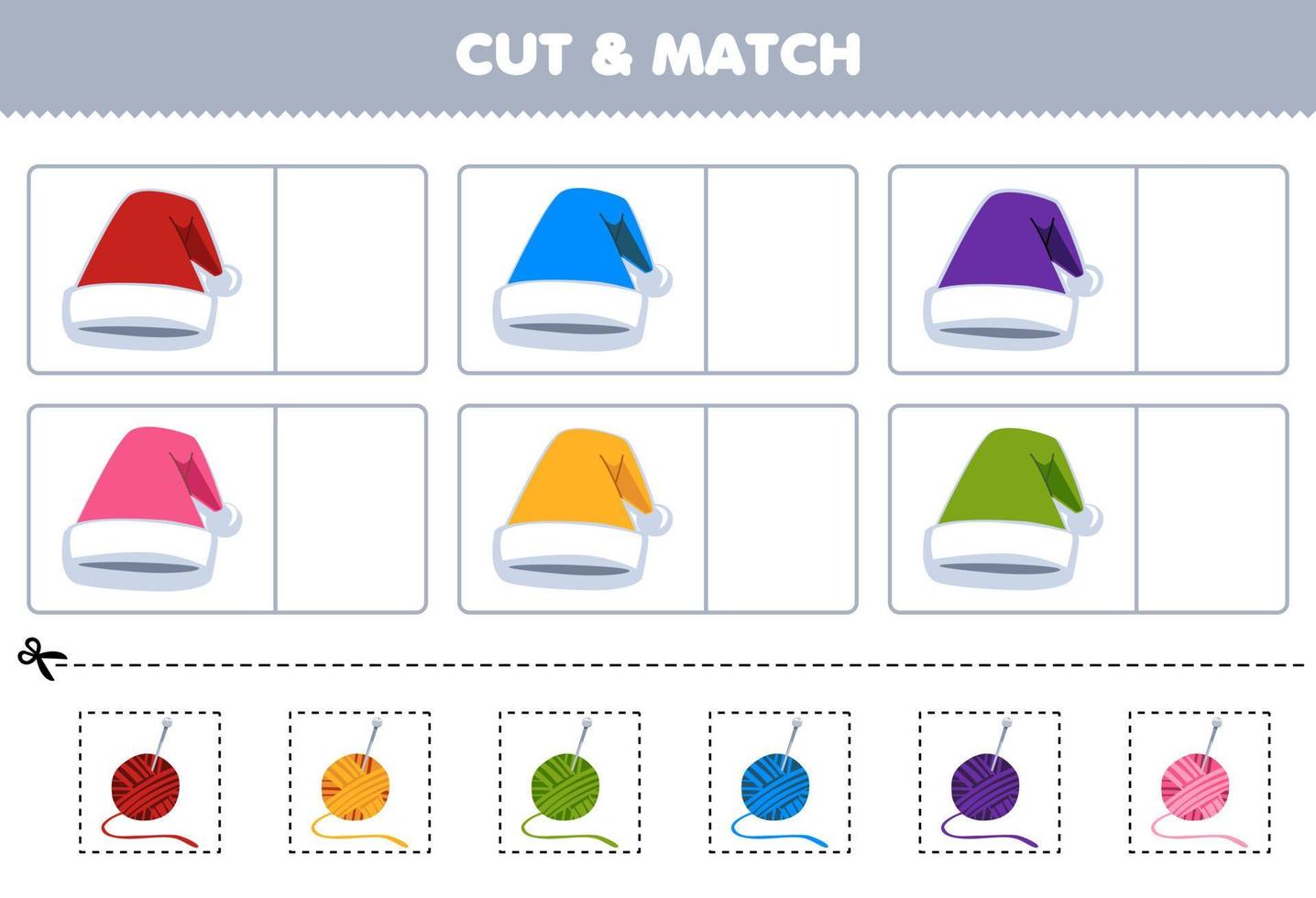 onderwijs spel voor kinderen besnoeiing en bij elkaar passen de dezelfde kleur van schattig tekenfilm hoed afdrukbare winter kleren werkblad vector