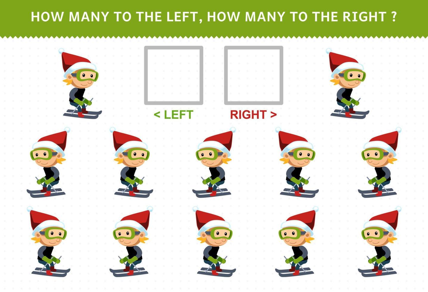 onderwijs spel voor kinderen van tellen links en Rechtsaf afbeelding van schattig tekenfilm jongen spelen ski afdrukbare winter werkblad vector