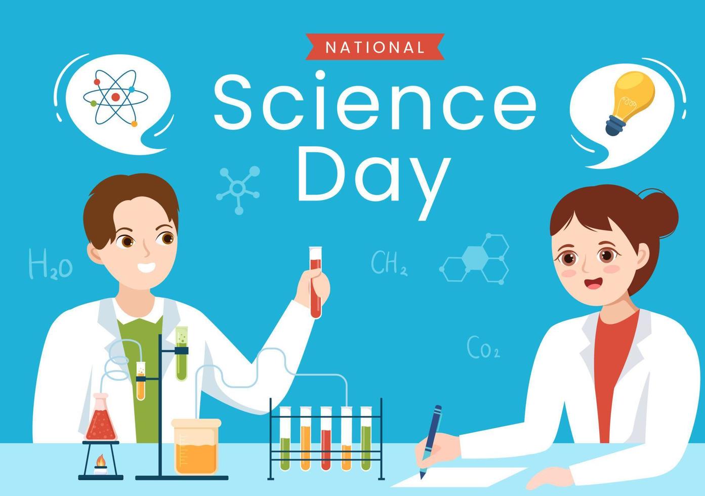 nationaal wetenschap dag februari 28 verwant naar chemisch vloeistof, wetenschappelijk, medisch en Onderzoek in vlak tekenfilm hand- getrokken Sjablonen illustratie vector