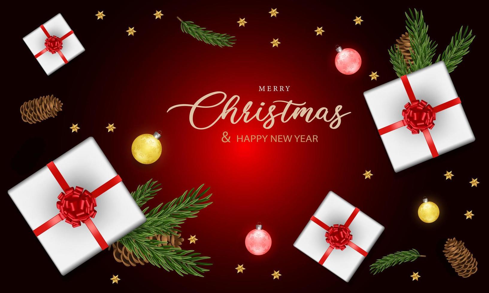 vrolijk Kerstmis en gelukkig nieuw jaar groen pijnboom blad goud bal sterren geschenk doos Aan rood ontwerp voor vakantie festival viering achtergrond vector