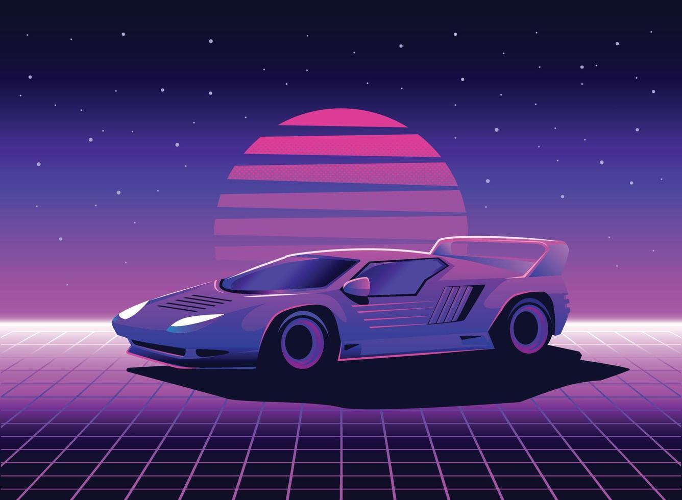 retro 80s sci-fi futuristische stijl achtergrond met supercar. vector retro futuristische synth Golf illustratie in Jaren 80 posters stijl. retro nostalgisch dampgolf cyberpunk artwork met levendig neon kleuren