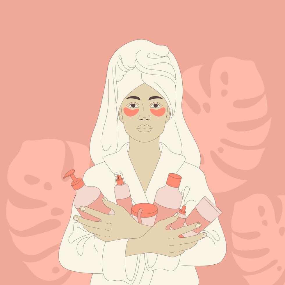 vlak illustratie van een mooi meisje, een vrouw in een badjas en met een handdoek Aan zijn hoofd, welke houdt een kunstmatig producten, room. spa behandelingen. vector, minimalisme. houden jeugd en huid elasticiteit. vector