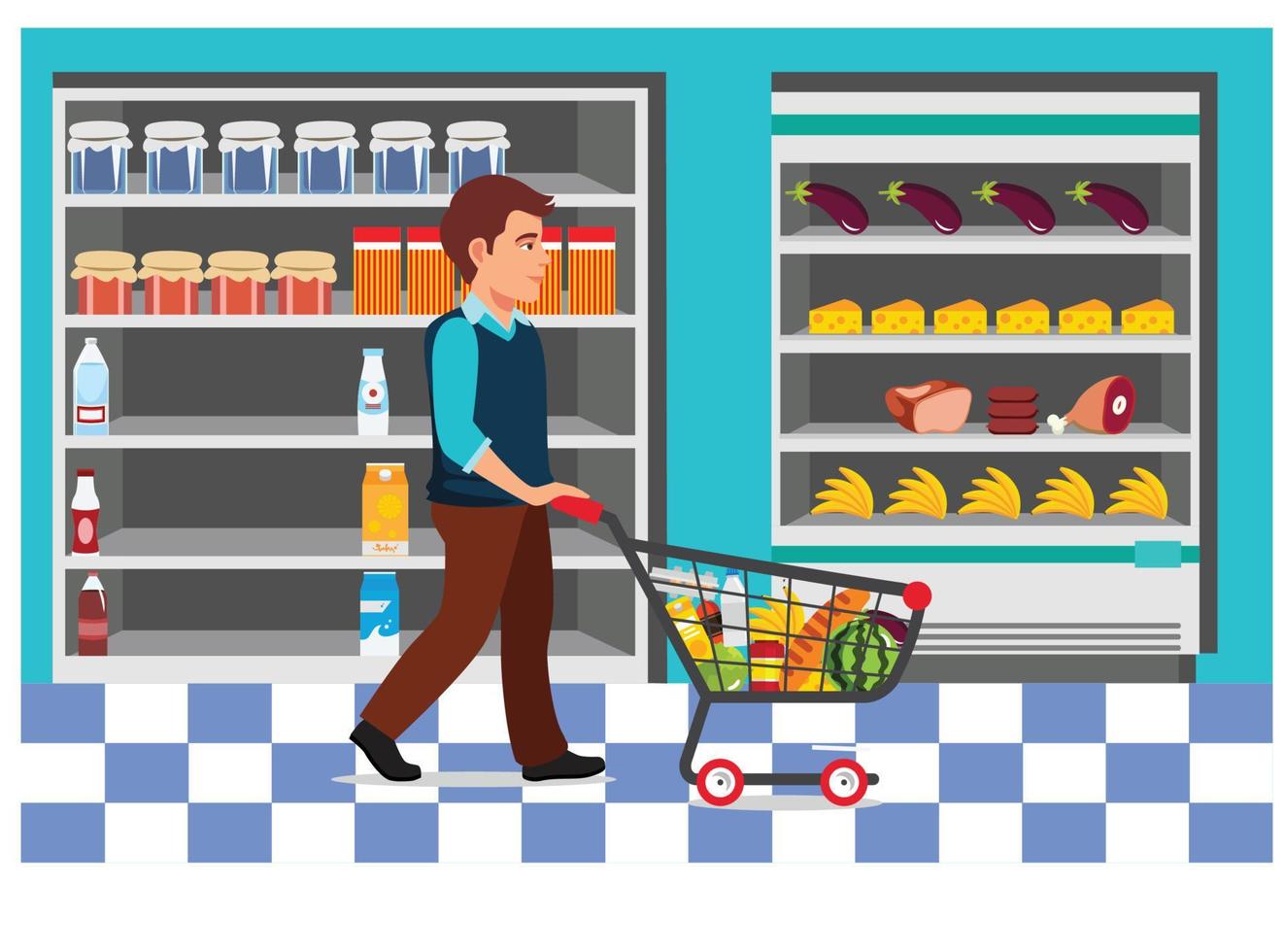 vector illustratie van boodschappen doen in Mini markt met karakters. illustratie geschikt voor diagrammen, infografieken, en andere grafisch middelen