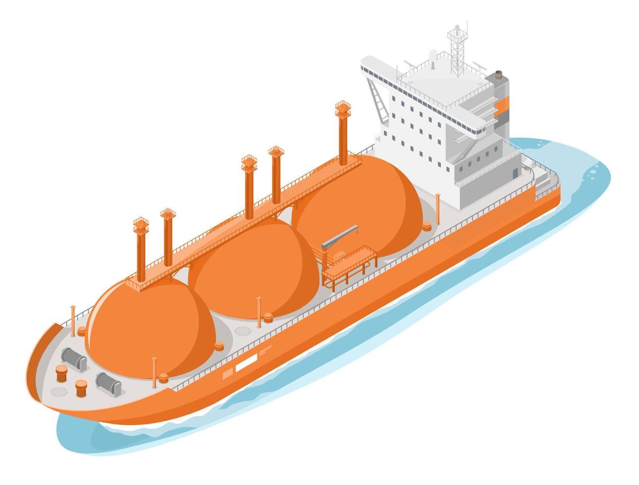 gas- en olie tank schip importeren exporteren vervoer van vloeibaar gemaakt natuurlijk gas- isometrische tekenfilm oranje vector geïsoleerd