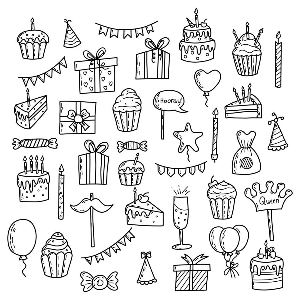 verjaardag groet partij decoraties. cadeaus presenteert, cupcakes, viering taart vector