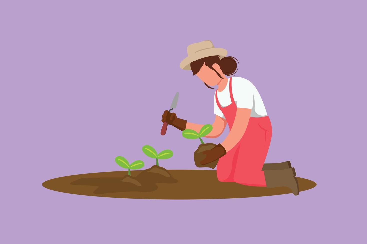 grafisch vlak ontwerp tekening gelukkig jong vrouw boer aanplant fabriek schiet in de grond. begin de aanplant boom periode. succes boer met biologisch natuurlijk Bijsnijden. tekenfilm stijl vector illustratie