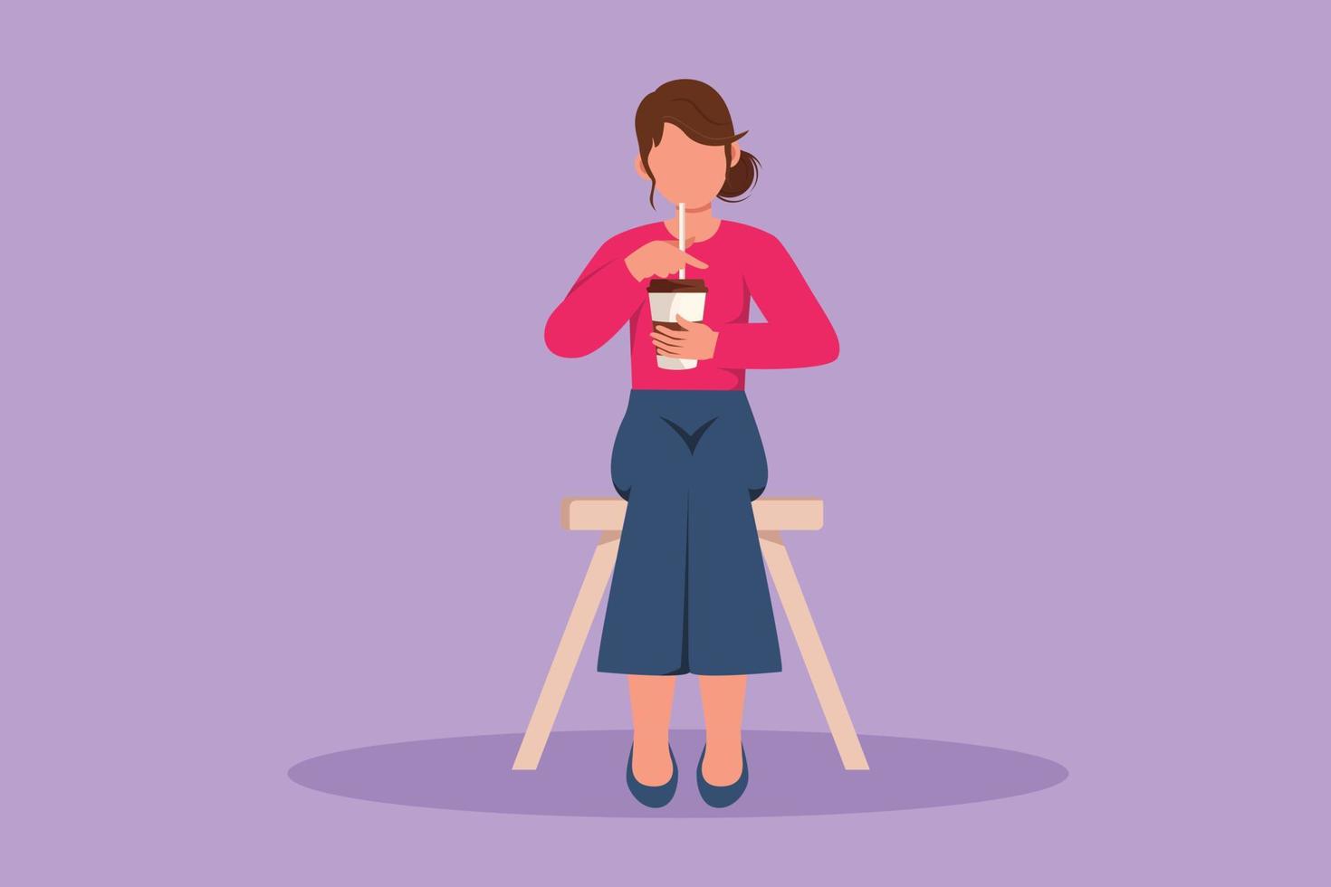 karakter vlak tekening vrouw drinken koffie. resting van werk in cafetaria. lunch pauze, bezoeker naar restaurant, koffie winkel. stimulerend drinken in ochtend, cafeïne. tekenfilm ontwerp vector illustratie