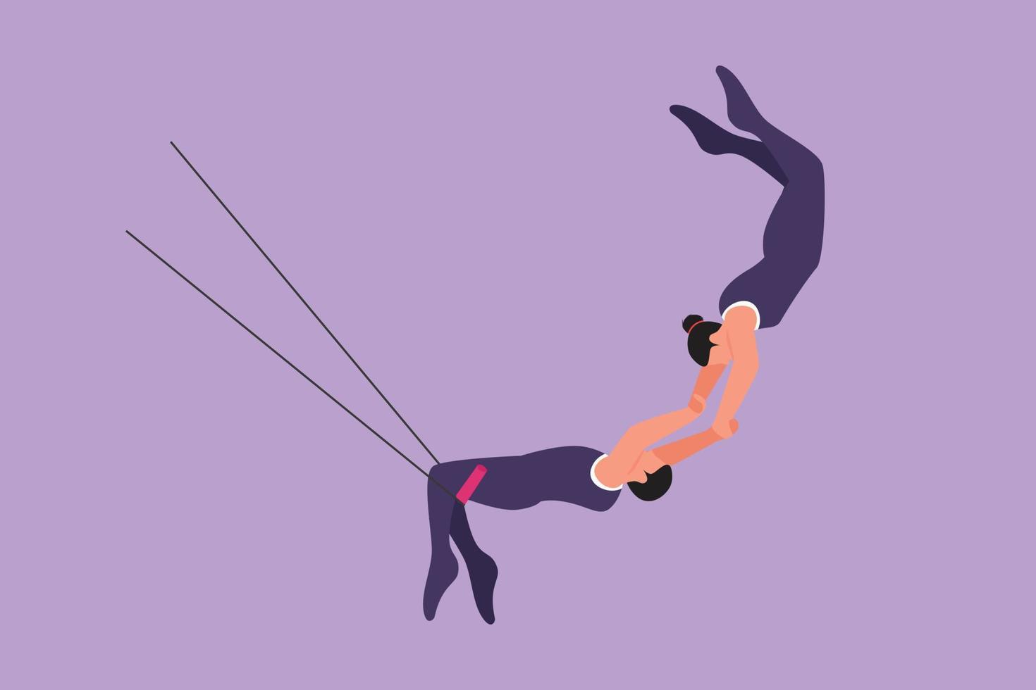 tekenfilm vlak stijl tekening twee acrobatisch spelers in actie Aan trapeze met mannetje speler hangende van zijn twee poten terwijl vangen vrouw speler. circus amusement. grafisch ontwerp vector illustratie