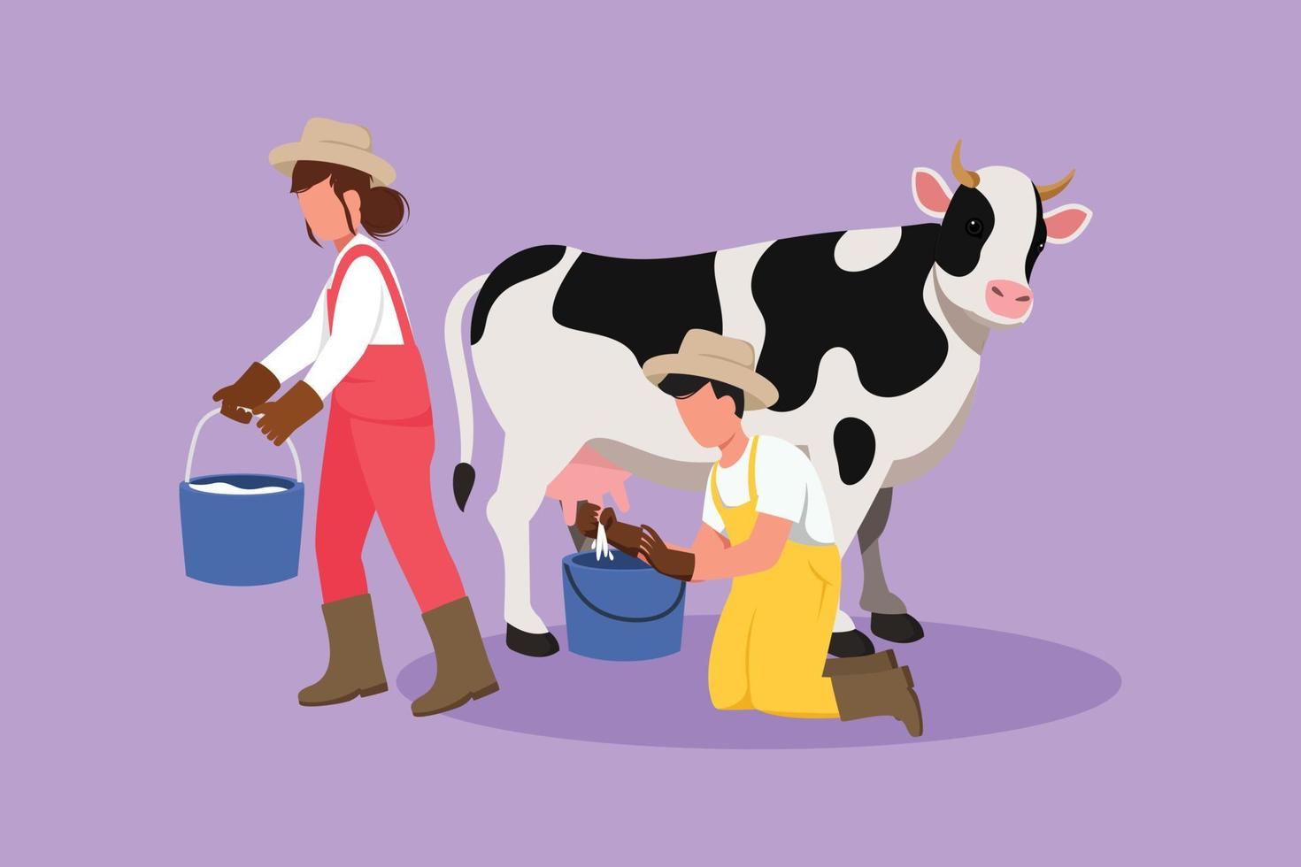 grafisch vlak ontwerp tekening paar boeren melken een koe in de emmer. fokken koeien. boerderij of boerderij. vee of vee. productie van zuivel producten Bij de weide. tekenfilm stijl vector illustratie