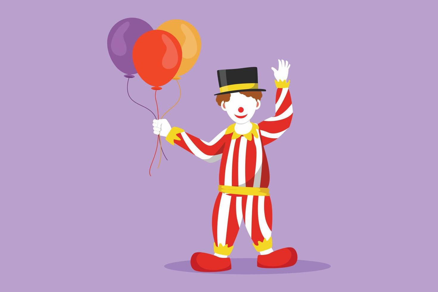karakter vlak tekening schattig mannetje clown staat terwijl Holding meerdere ballonnen in zijn Rechtsaf hand. kinderen werkelijk Leuk vinden de show. succes circus bedrijf amusement. tekenfilm ontwerp vector illustratie