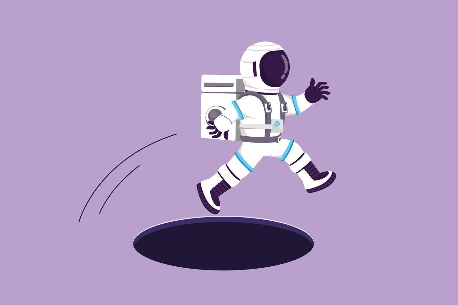 karakter vlak tekening jong astronaut jumping door gat in maan oppervlak. metafoor naar geconfronteerd groot probleem. exploratie worstelt Bij heelal. kosmonaut buitenste ruimte. tekenfilm ontwerp vector illustratie