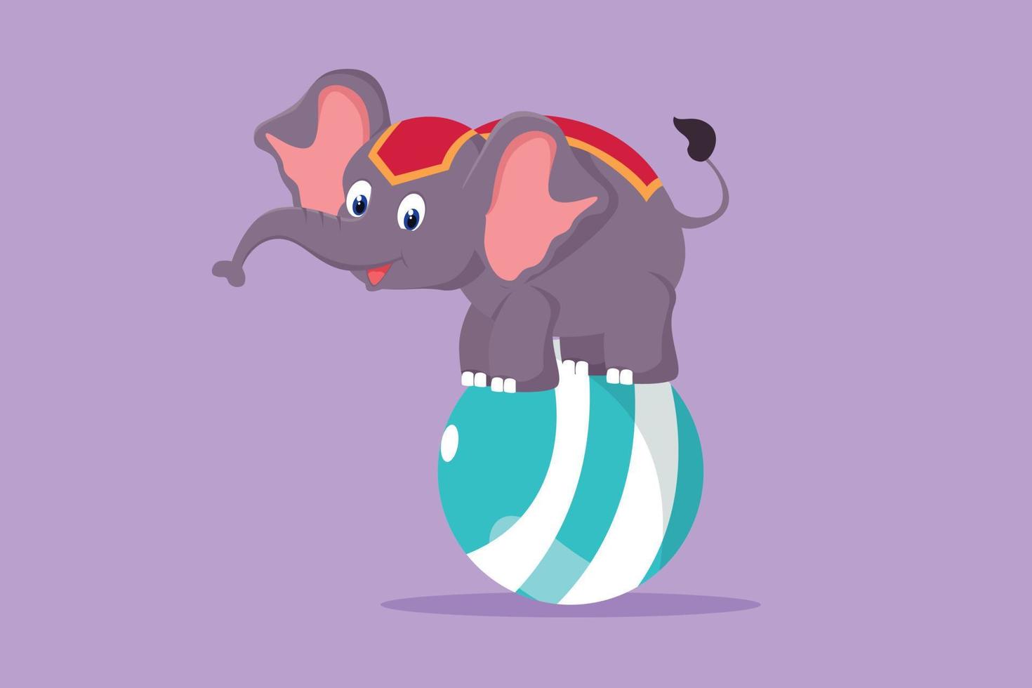 tekenfilm vlak stijl tekening een schattig olifant staat Aan de bal met allemaal vieren in afwachting verder instructies van de trainer. mooi zo dier circus tonen amusement. grafisch ontwerp vector illustratie