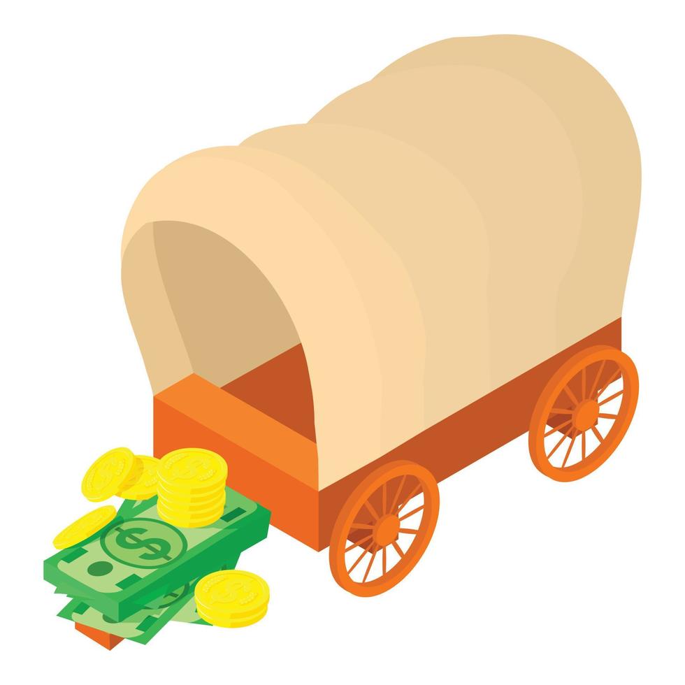 wijnoogst wagon icoon isometrische vector. wild west gedekt houten wagon contant geld dollar vector