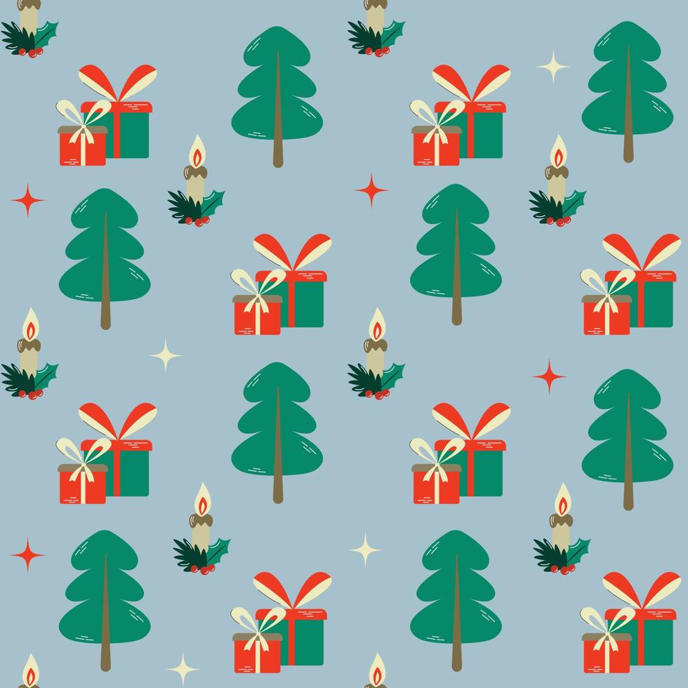 kleurrijk tekenfilm Woud naadloos patroon met Kerstmis bomen, kaarsen, geschenken. schattig blauw winter behang. vector ontwerp illustratie. gelukkig nieuw jaar concept. winter tijd