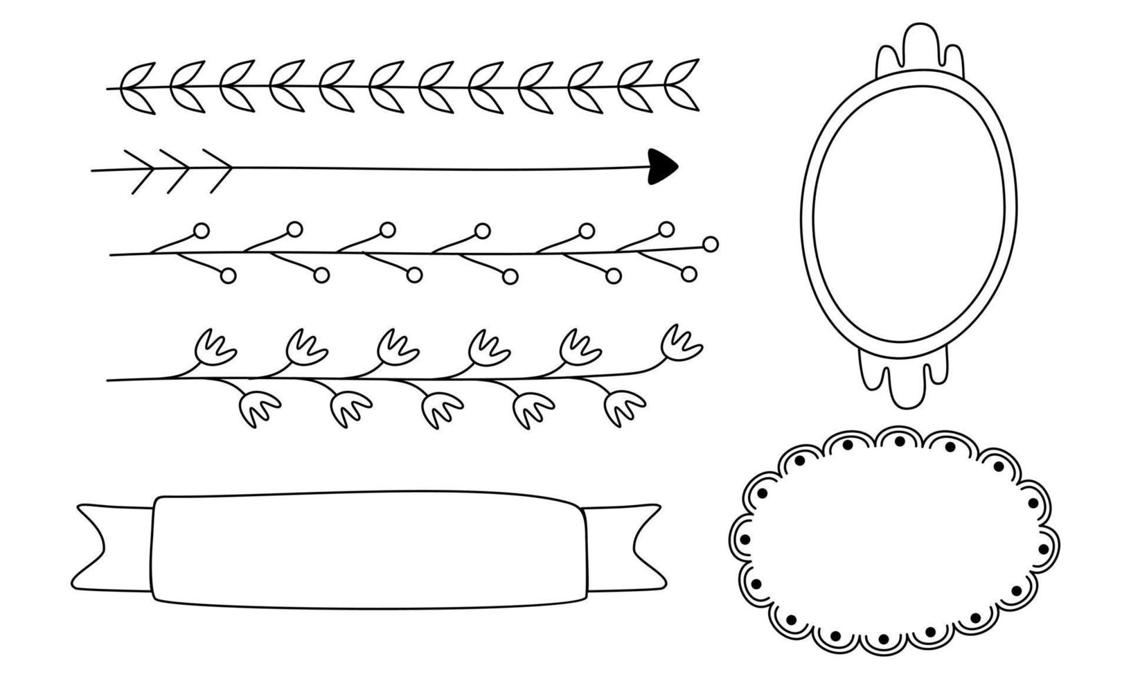 retro lijn tekening lijsten, linten, bloemen, decoraties en planten vector