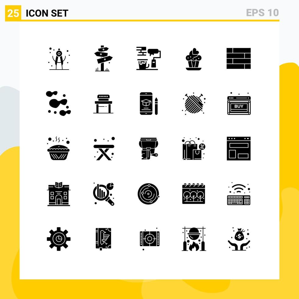 25 solide glyph concept voor websites mobiel en apps muur slot stootkussen verf borstel liefde koekje bewerkbare vector ontwerp elementen